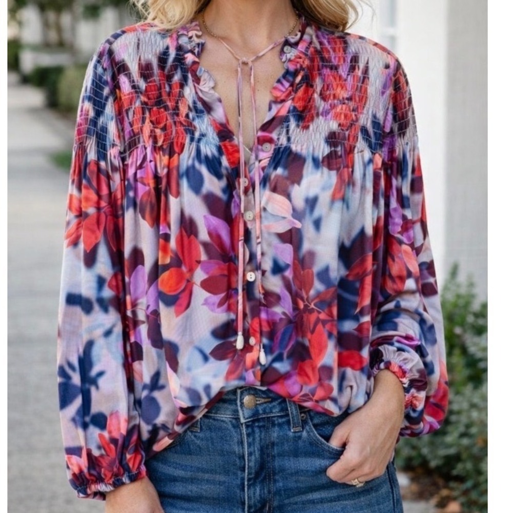 Soft‎ Surroundings XL Floral Leaf Print Blouse Red Purple Button Down Flowy